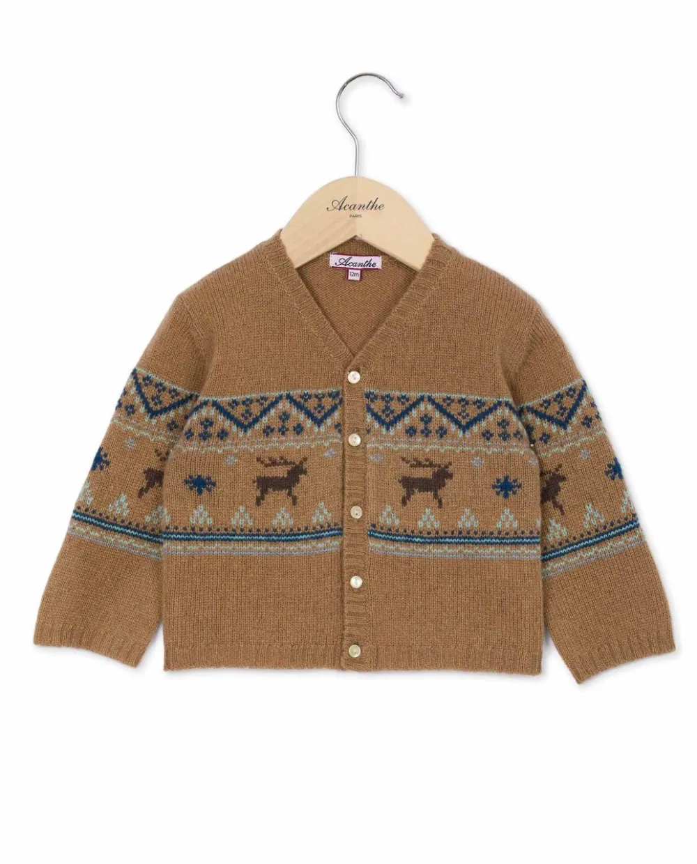 Acanthe Cardigan col V jacquard 100% lambswool camel Best