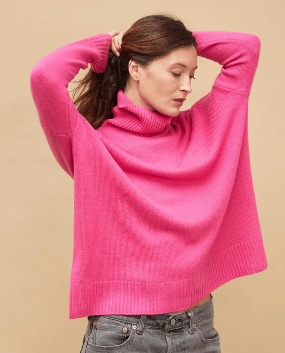 Acanthe Pull col roulé ample 100% cachemire Rose Outlet