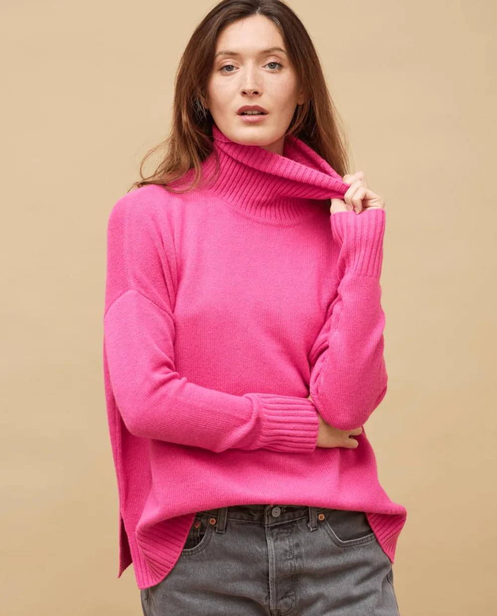 Acanthe Pull col roulé ample 100% cachemire Rose Outlet