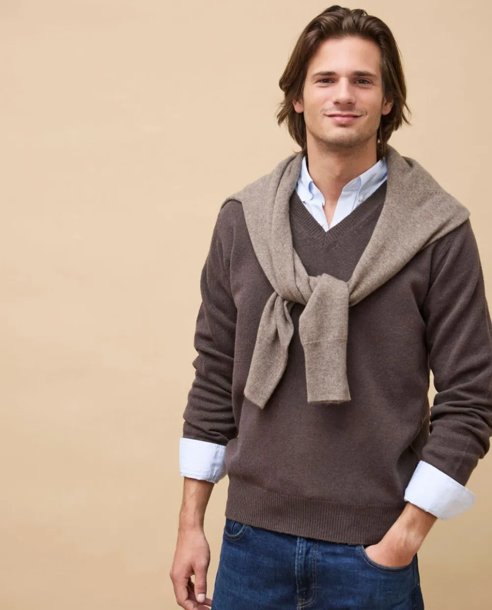 Acanthe Pull col V 100% lambswool Marron Online