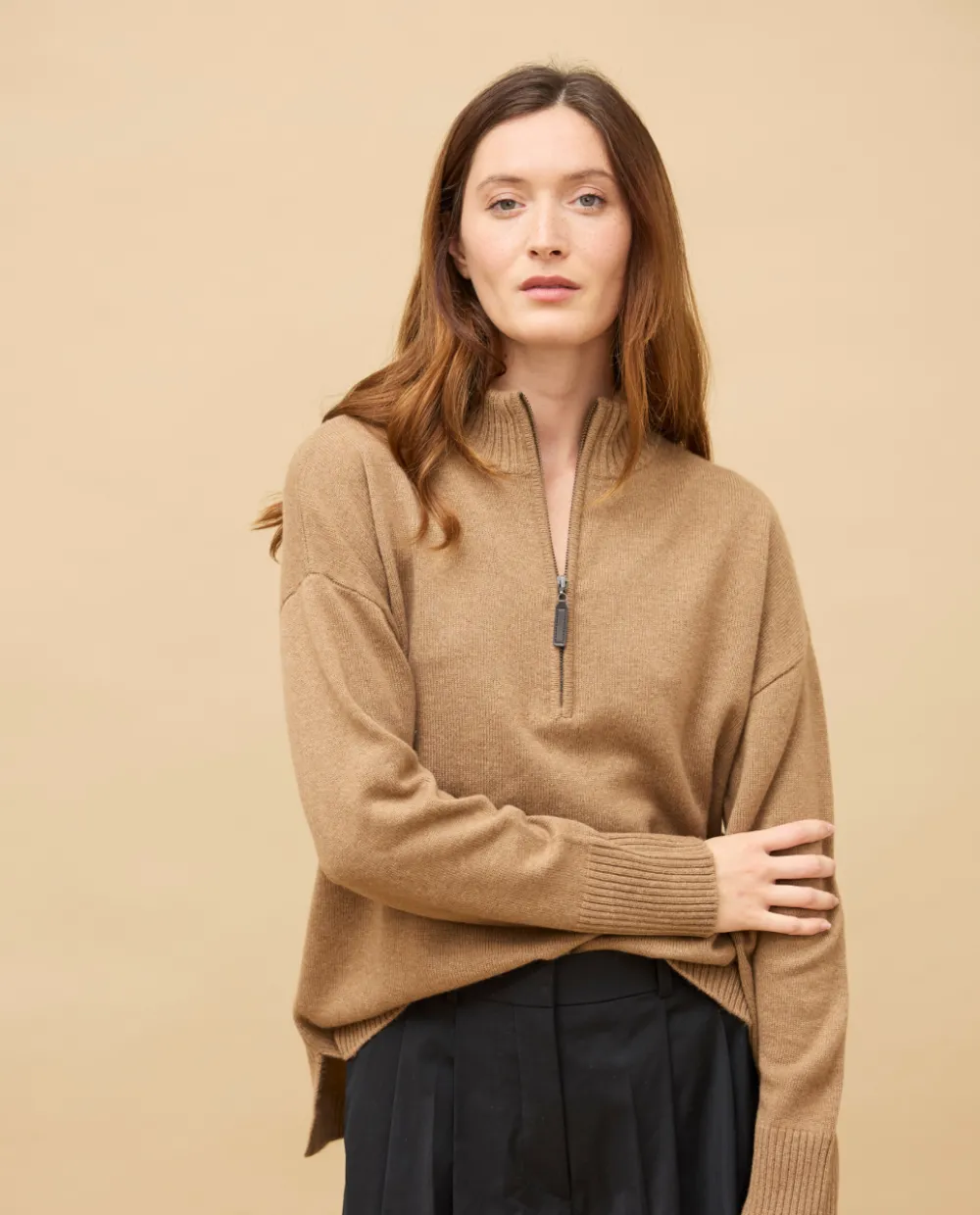 Acanthe Pull col zippé loose 100% cachemire Camel Shop