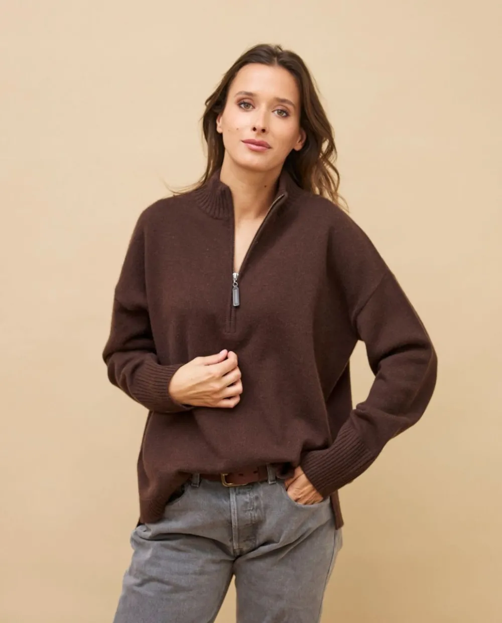 Acanthe Pull col zippé loose 100% cachemire Marron Sale