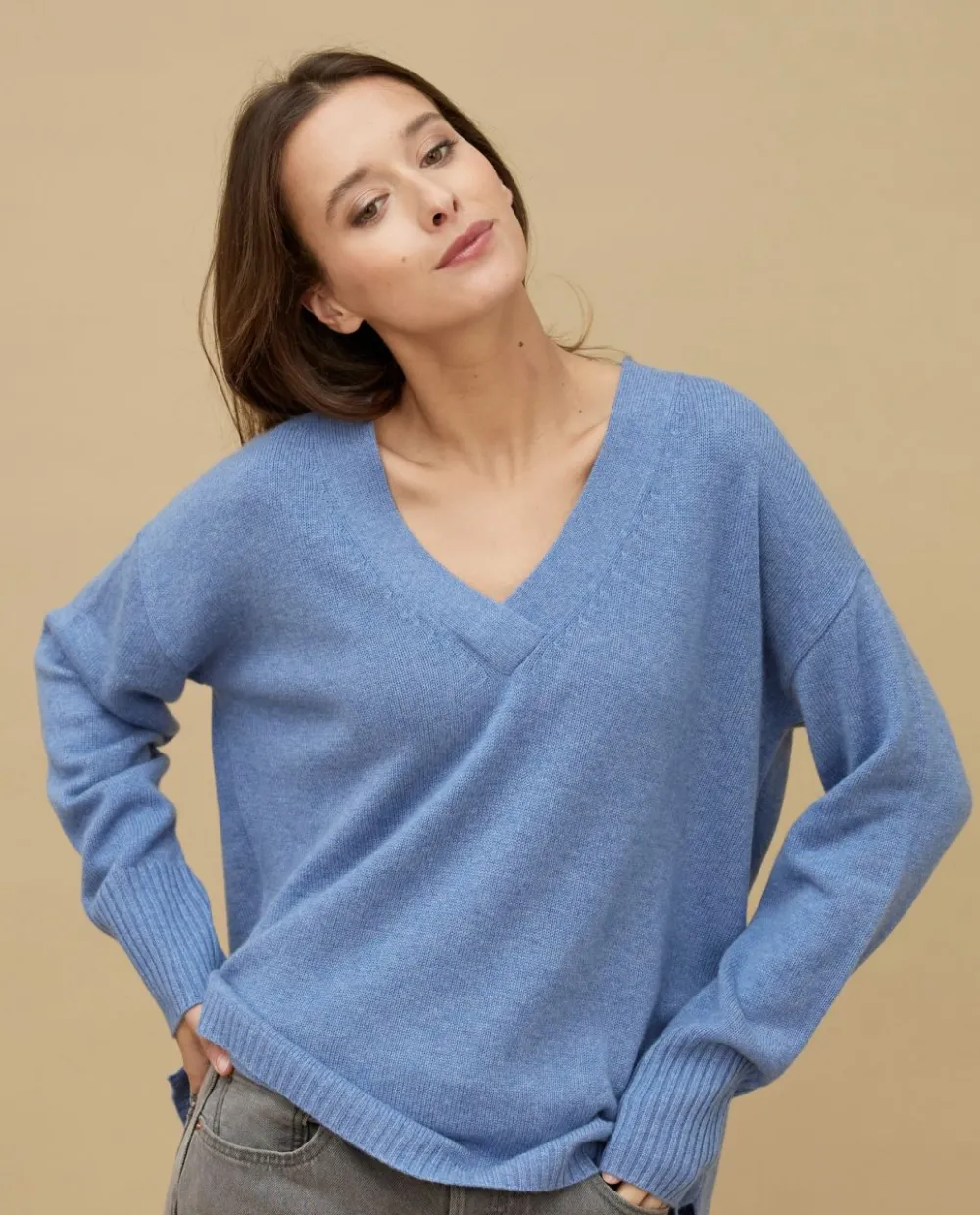 Acanthe Pull loose V croisé bleu chiné 100% cachemire bleuchiné Store